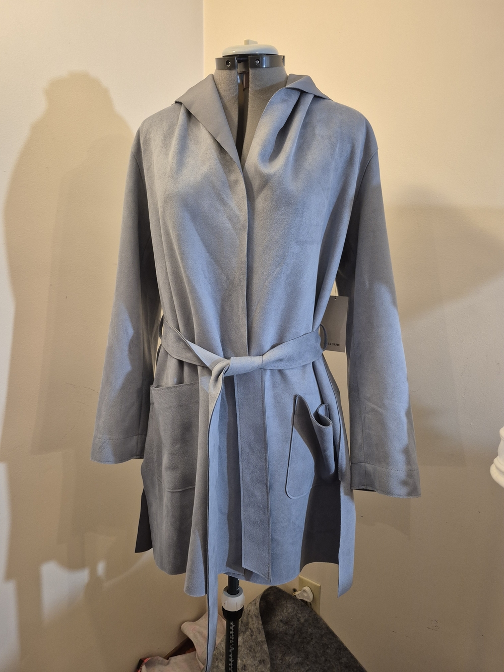 Women's Hooded Suede Tie-Waist Coat - Light Gray